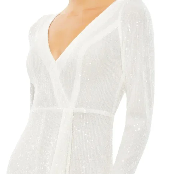 MAC DUGGAL SEQUIN WRAP THIGH SLIT EVENING WHITE GOWN SZ 4